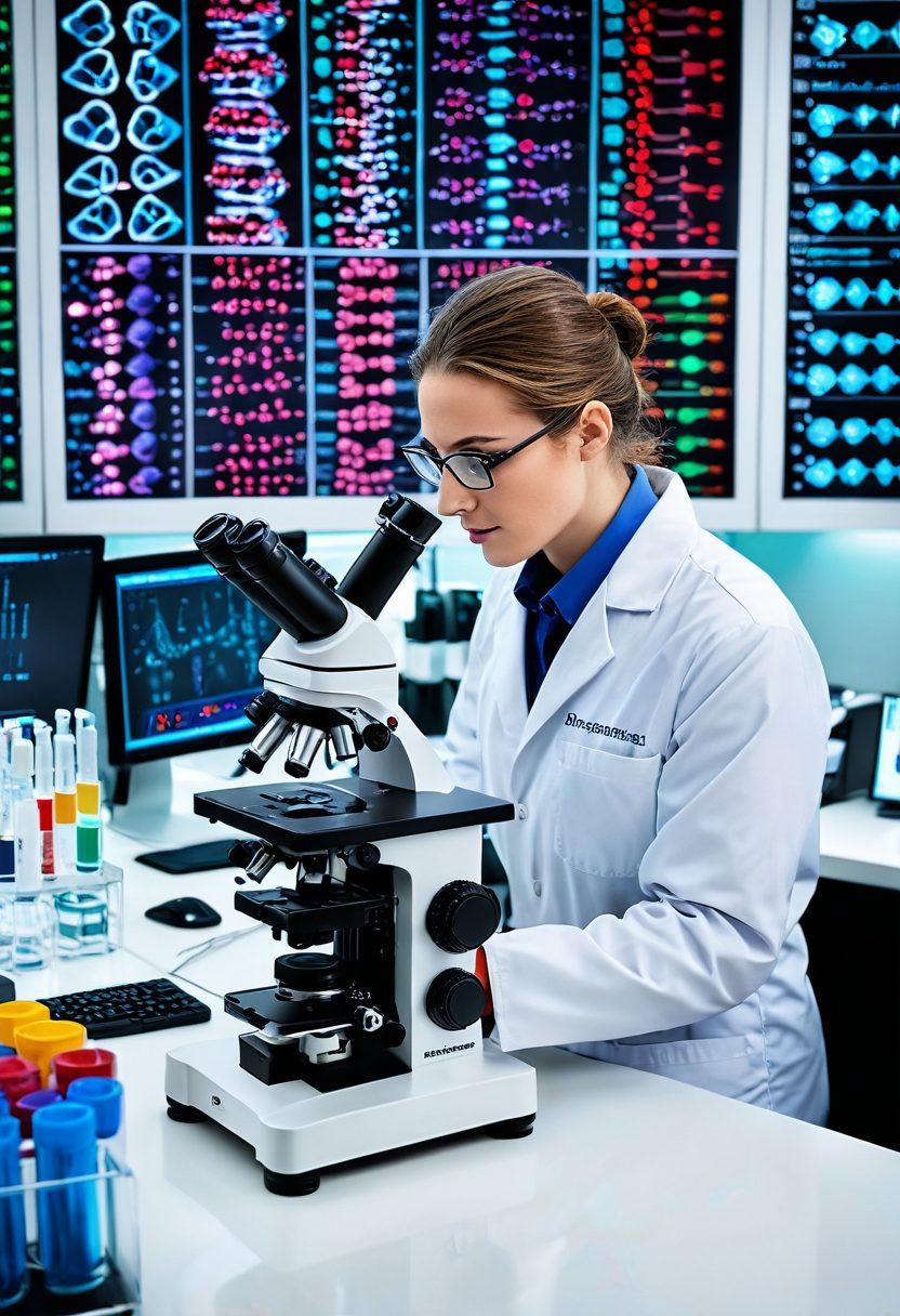 An intricate laboratory setting showcasing a scientist examining blood samples under a microscope, flanked by advanced genetic testing equipment displaying colorful DNA sequences. Include vibrant graphics of health diagnostics charts in the background, symbolizing the connection between blood work and genetic testing. Emphasize a sense of discovery and innovation. super-realistic. vibrant colors. white background.