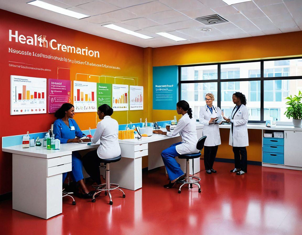 A vibrant and informative illustration showcasing various preventive screenings like blood tests, check-ups, and wellness exams. Include a diverse group of people engaging in these health services in a bright, cheerful laboratory environment. Emphasize the connection between laboratory services and overall health nutrition, with colorful charts and friendly healthcare professionals guiding patients. The atmosphere should feel optimistic and proactive about health maintenance. 3D. vibrant colors. medical illustration.