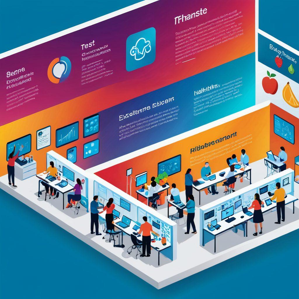 A dynamic composition featuring a diverse group of individuals in a bright, inviting laboratory setting, examining colorful lab test results and health evaluations together. Show elements like DNA strands, test tubes, and digital health screens that represent the connection between lab tests and personal wellness. Incorporate symbols of vitality and balance such as fruits and exercise equipment in the foreground. vivid colors. modern infographic style.